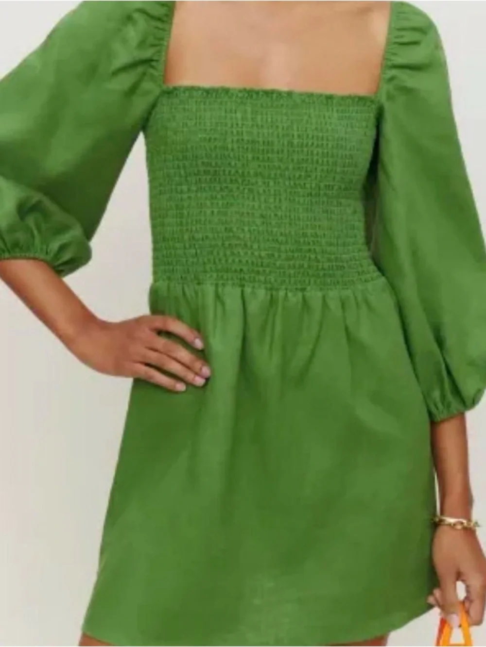 Reformation Greyson Green Smocked Square-Neck Linen Mini Dress with Puff Sleeves - Picture 2 of 7